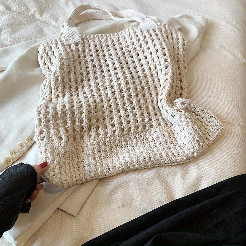 Hollow Straw Shoulder Bag Solid Woven Storage Handbag