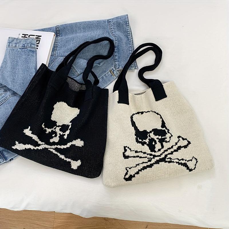 Ghost Skull Crochet Tote Bag Halloween Woven Shoulder Bag Large Capacity Handbag