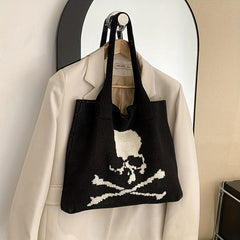 Ghost Skull Crochet Tote Bag Halloween Woven Shoulder Bag Large Capacity Handbag