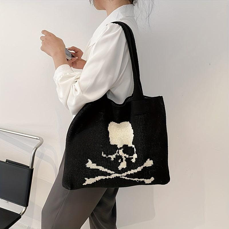 Ghost Skull Crochet Tote Bag Halloween Woven Shoulder Bag Large Capacity Handbag