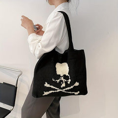 Ghost Skull Crochet Tote Bag Halloween Woven Shoulder Bag Large Capacity Handbag