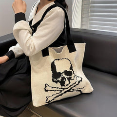 Ghost Skull Crochet Tote Bag Halloween Woven Shoulder Bag Large Capacity Handbag
