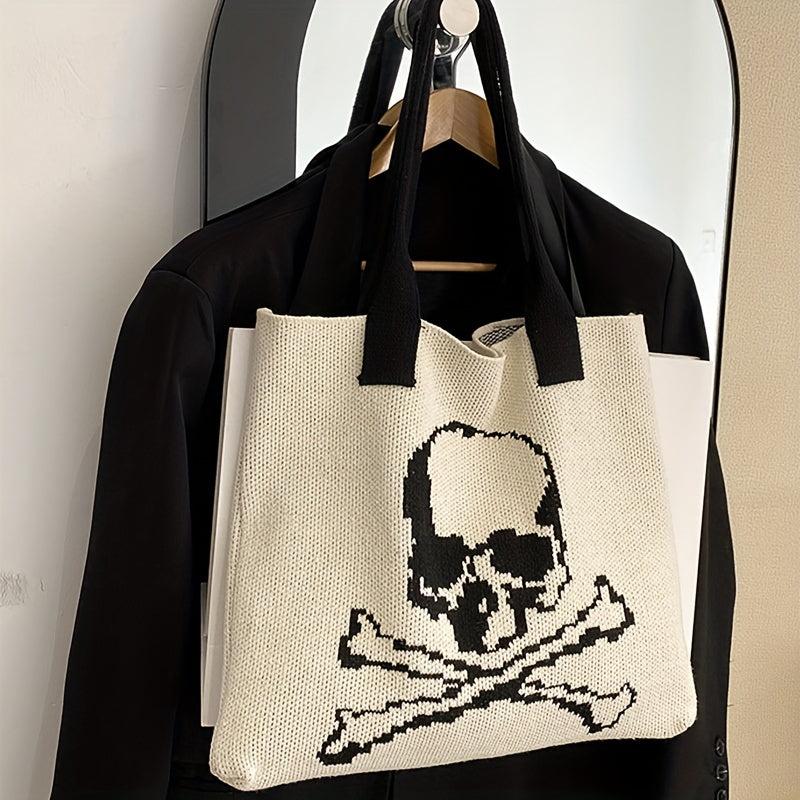 Ghost Skull Crochet Tote Bag Halloween Woven Shoulder Bag Large Capacity Handbag