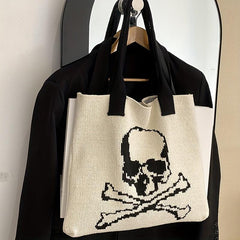 Ghost Skull Crochet Tote Bag Halloween Woven Shoulder Bag Large Capacity Handbag