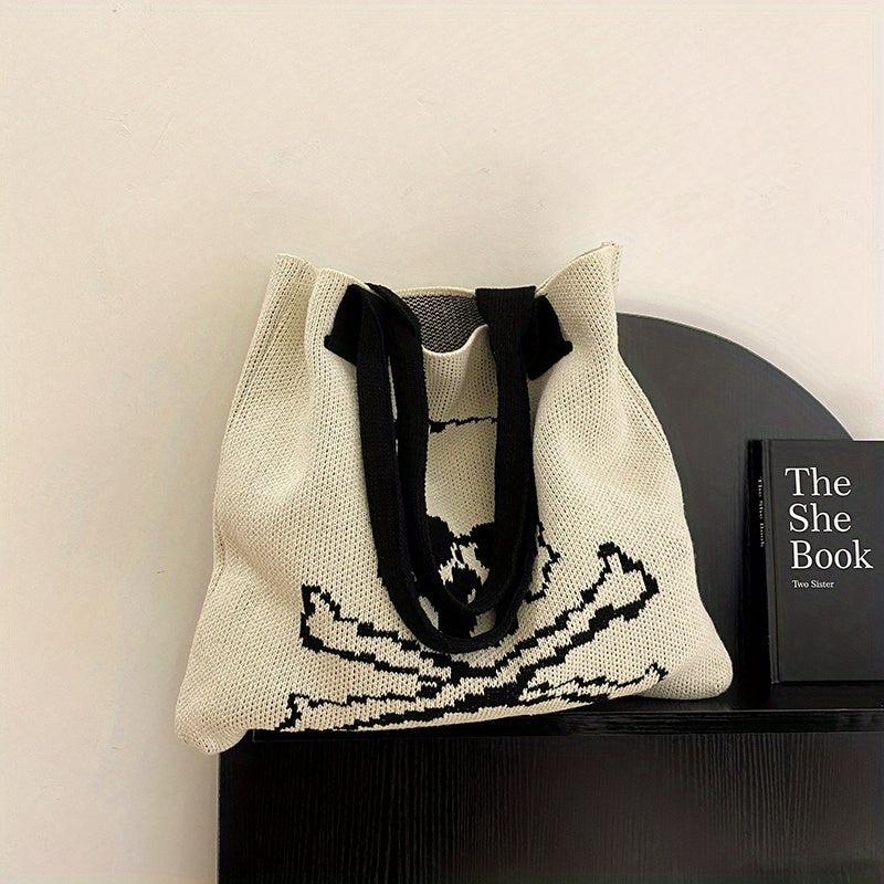 Ghost Skull Crochet Tote Bag Halloween Woven Shoulder Bag Large Capacity Handbag
