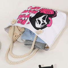 Gothic Halloween Canvas Tote Bag with Skull Print