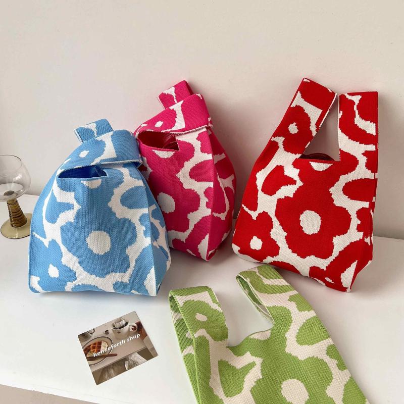 Flower Pattern Tote Handbag Colorblock Crochet Bag