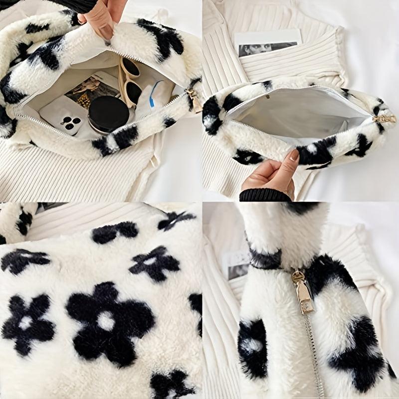 Flower Pattern Plush Shoulder Bag Women's Stylish Bag