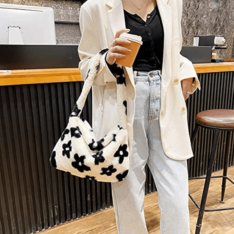 Flower Pattern Plush Shoulder Bag Women's Stylish Bag