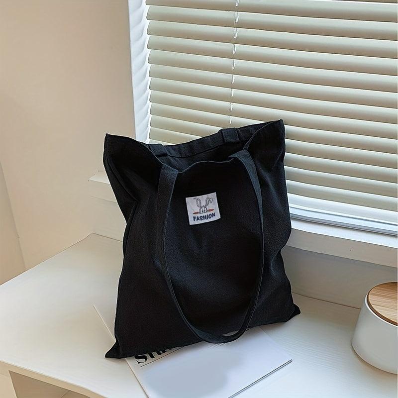 Letter Patch Decor Tote Bag Canvas Shoulder Bag Reusable Grocery Shopping Bag