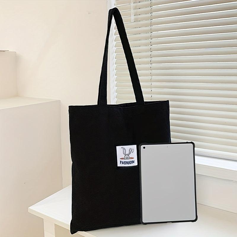 Letter Patch Decor Tote Bag Canvas Shoulder Bag Reusable Grocery Shopping Bag