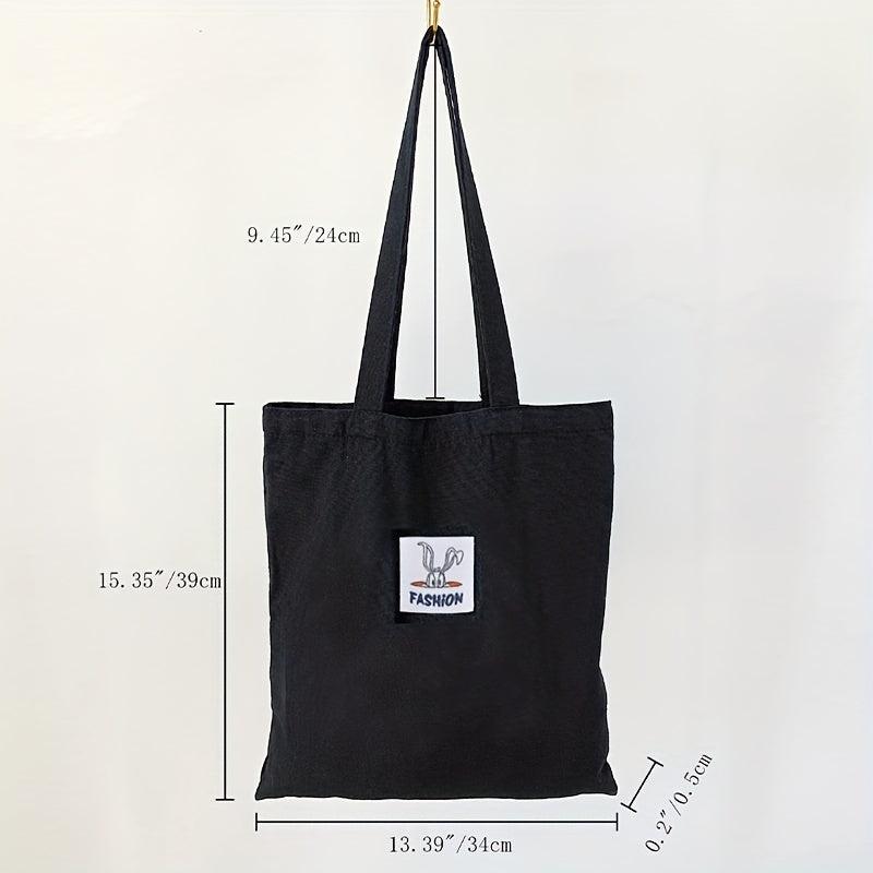 Letter Patch Decor Tote Bag Canvas Shoulder Bag Reusable Grocery Shopping Bag