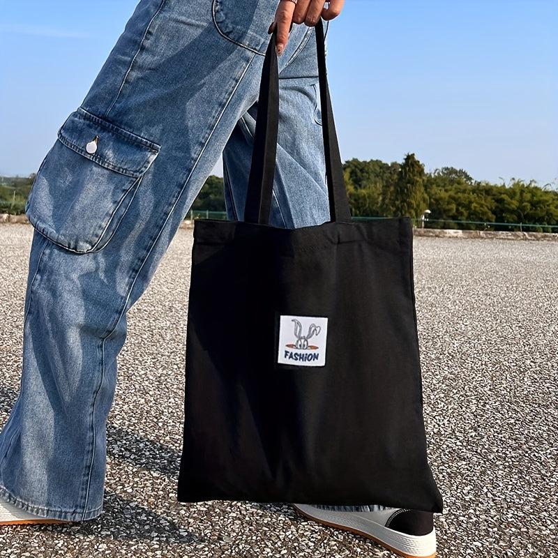 Letter Patch Decor Tote Bag Canvas Shoulder Bag Reusable Grocery Shopping Bag