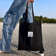Letter Patch Decor Tote Bag Canvas Shoulder Bag Reusable Grocery Shopping Bag