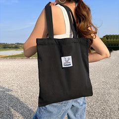 Letter Patch Decor Tote Bag Canvas Shoulder Bag Reusable Grocery Shopping Bag