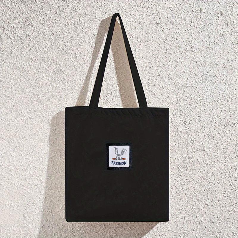 Letter Patch Decor Tote Bag Canvas Shoulder Bag Reusable Grocery Shopping Bag