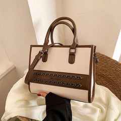Retro Block Tote Bag Classic Casual PU Leather Handbag With Zipper