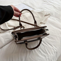 Retro Block Tote Bag Classic Casual PU Leather Handbag With Zipper