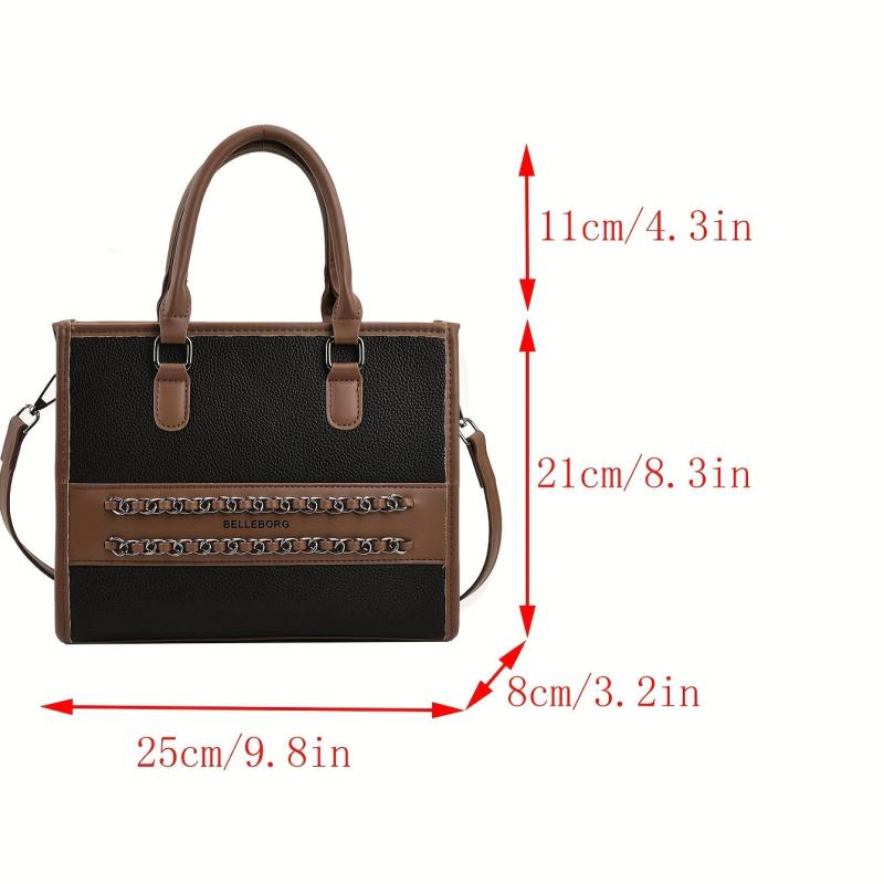 Retro Block Tote Bag Classic Casual PU Leather Handbag With Zipper