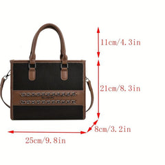Retro Block Tote Bag Classic Casual PU Leather Handbag With Zipper