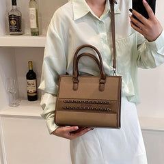 Retro Block Tote Bag Classic Casual PU Leather Handbag With Zipper