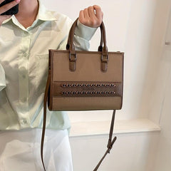 Retro Block Tote Bag Classic Casual PU Leather Handbag With Zipper