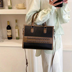 Retro Block Tote Bag Classic Casual PU Leather Handbag With Zipper
