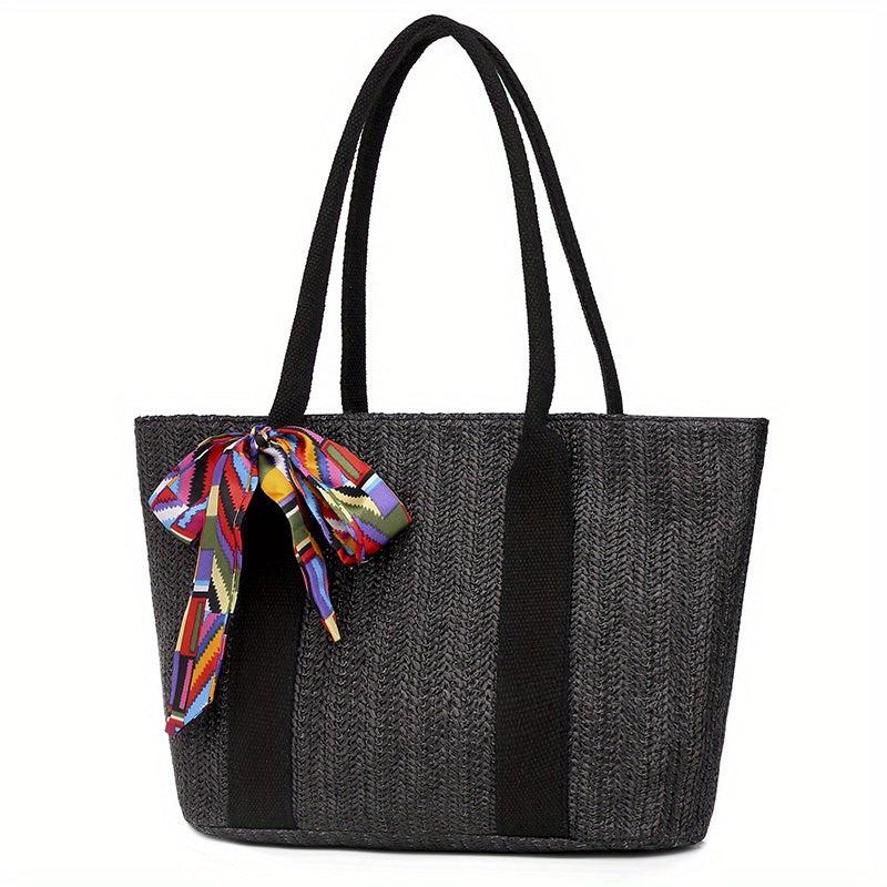 Boho Style Straw Tote Bag with Scarf Beach Bag