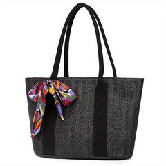 Boho Style Straw Tote Bag with Scarf Beach Bag
