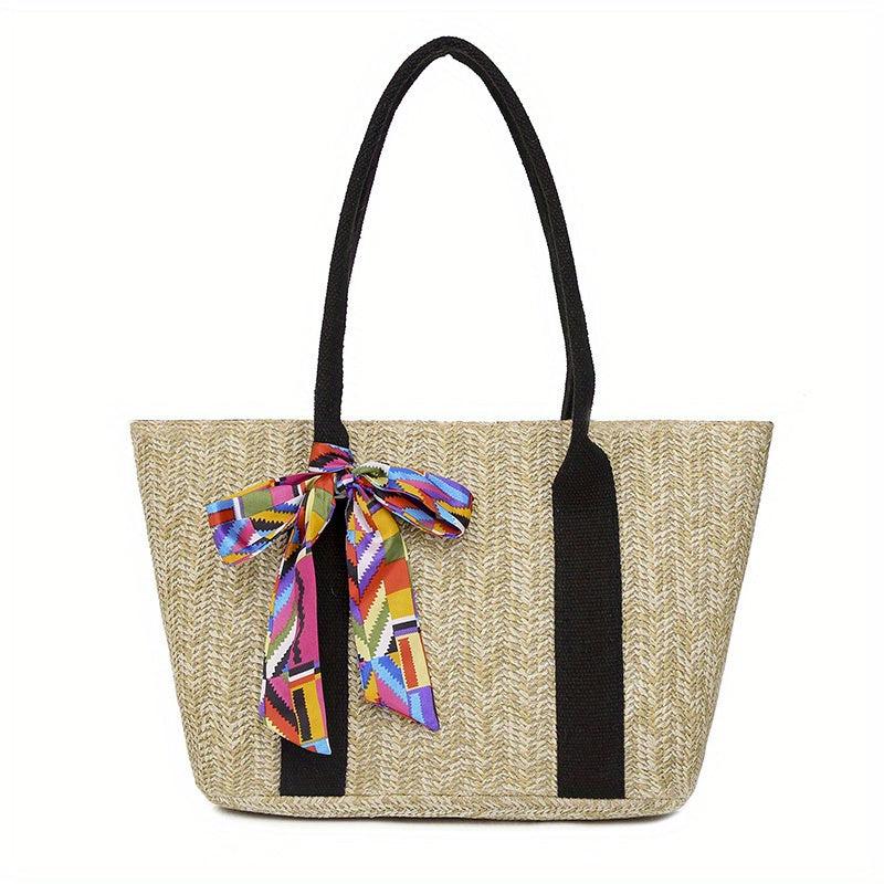 Boho Style Straw Tote Bag with Scarf Beach Bag