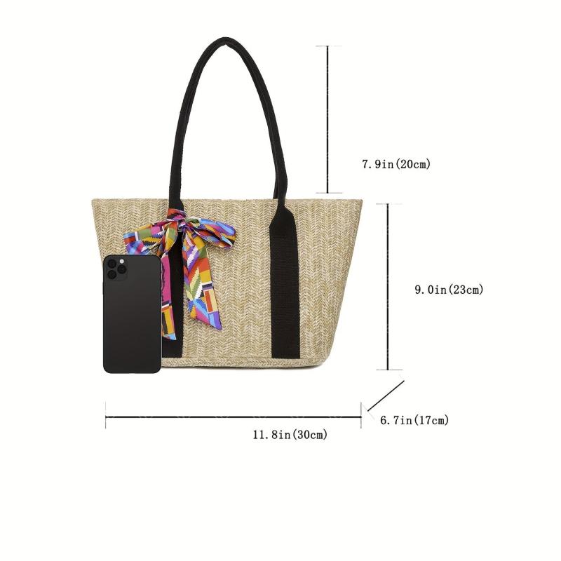 Boho Style Straw Tote Bag with Scarf Beach Bag