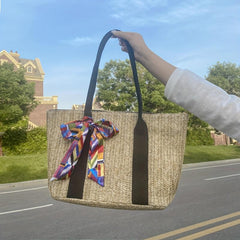 Boho Style Straw Tote Bag with Scarf Beach Bag