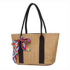 Boho Style Straw Tote Bag with Scarf Beach Bag