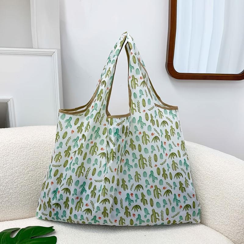Cactus Print Tote Bag Reusable Shopping Bags Foldable Large Capacity