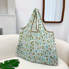 Cactus Print Tote Bag Reusable Shopping Bags Foldable Large Capacity