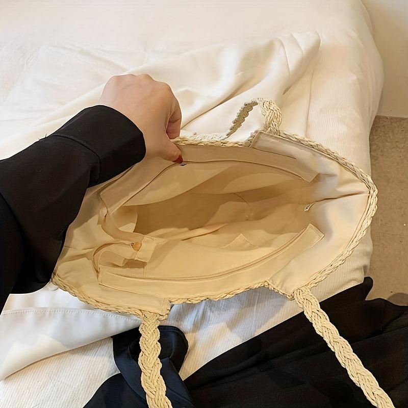 Woven Straw Bag Flower Decor Rattan Shoulder Bag