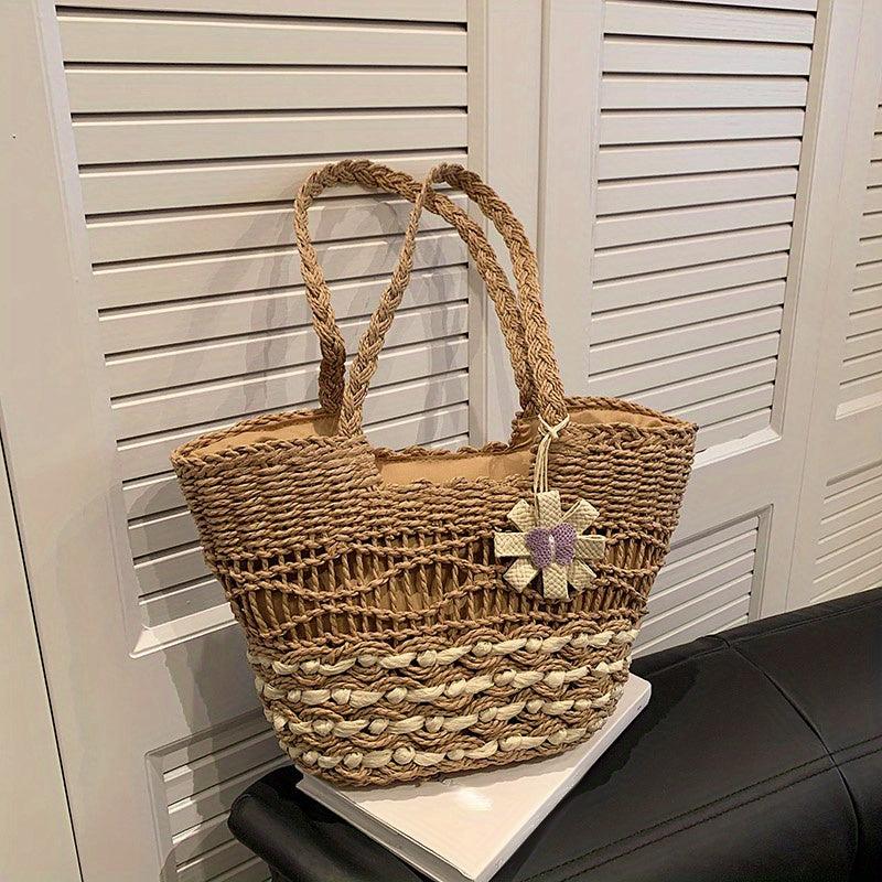 Woven Straw Bag Flower Decor Rattan Shoulder Bag