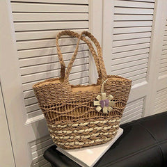 Woven Straw Bag Flower Decor Rattan Shoulder Bag
