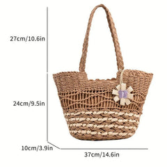 Woven Straw Bag Flower Decor Rattan Shoulder Bag
