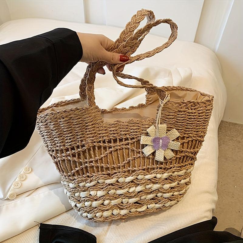 Woven Straw Bag Flower Decor Rattan Shoulder Bag