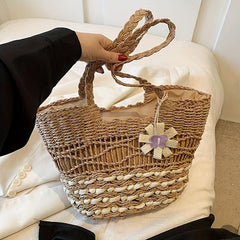 Woven Straw Bag Flower Decor Rattan Shoulder Bag