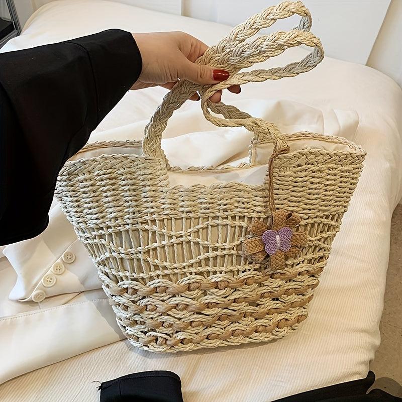 Woven Straw Bag Flower Decor Rattan Shoulder Bag
