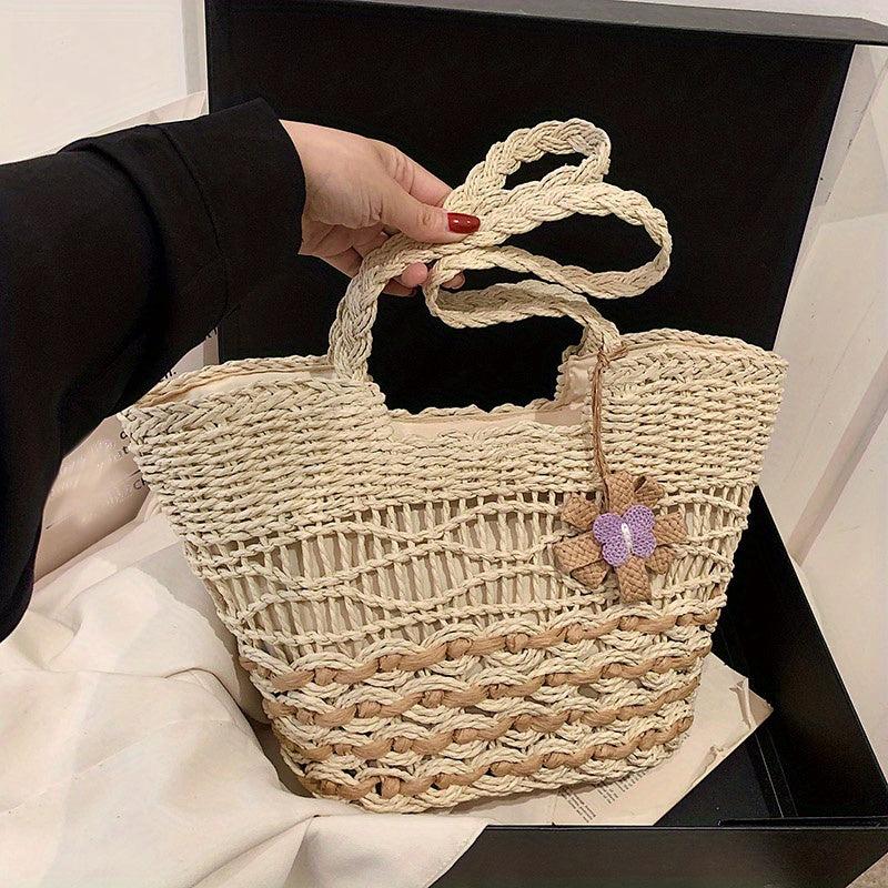 Woven Straw Bag Flower Decor Rattan Shoulder Bag