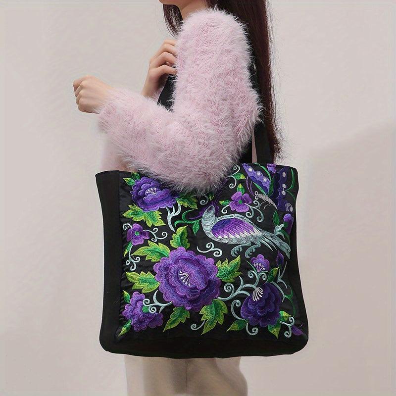 Floral & Bird Embroidered Tote Bag Canvas Shoulder Bag For Women