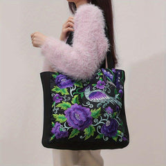 Floral & Bird Embroidered Tote Bag Canvas Shoulder Bag For Women