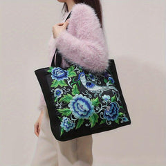 Floral & Bird Embroidered Tote Bag Canvas Shoulder Bag For Women