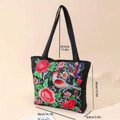 Floral & Bird Embroidered Tote Bag Canvas Shoulder Bag For Women