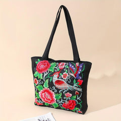 Floral & Bird Embroidered Tote Bag Canvas Shoulder Bag For Women