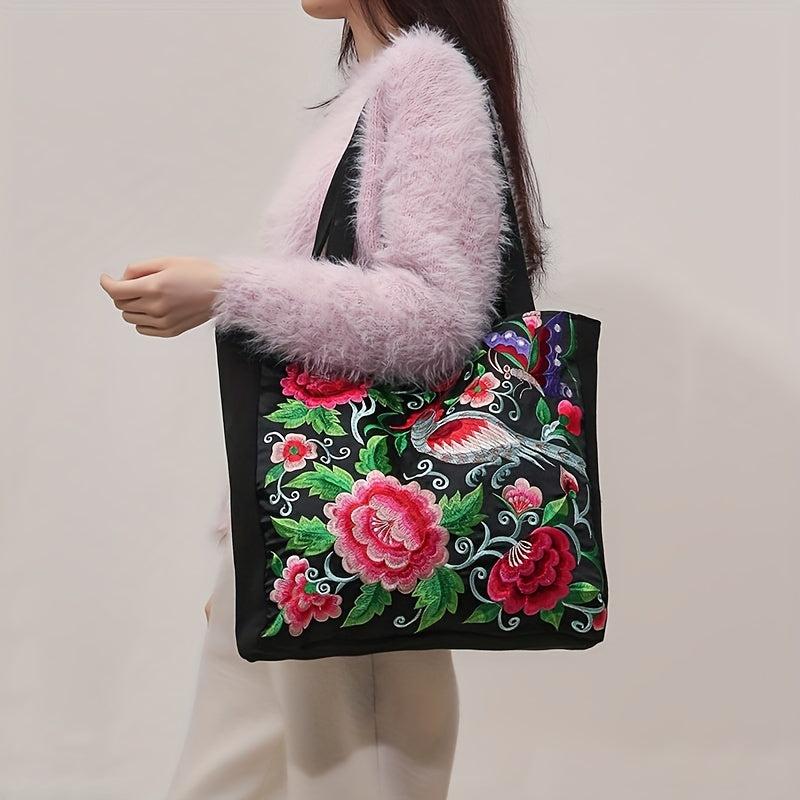 Floral & Bird Embroidered Tote Bag Canvas Shoulder Bag For Women