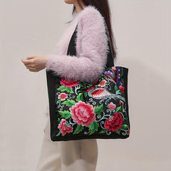 Floral & Bird Embroidered Tote Bag Canvas Shoulder Bag For Women